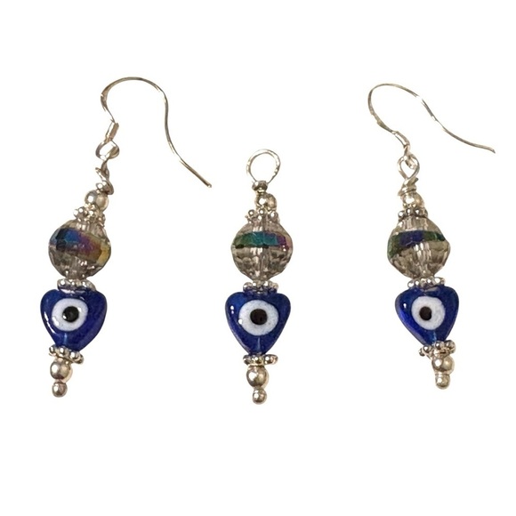 Handmade Jewelry - Evil Eye Glass Heart Dangle Earrings and Necklace Charm